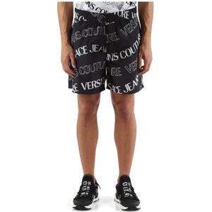 Versace Jeans Couture, Korte broeken, Heren, Zwart, L, Polyester, Technische Bermuda Shorts met Logo All-Over