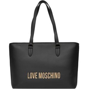 Love Moschino, Tassen, Dames, Zwart, ONE Size, Polyester, Zwarte Shopper Tas met Gouden Details