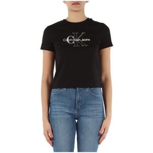 Calvin Klein Jeans, Cropped T-shirt van katoen met voorlogo Zwart, Dames, Maat:L