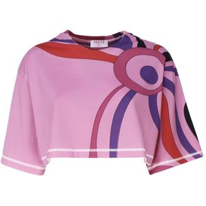 Emilio Pucci, Tops, Dames, Veelkleurig, M, Katoen, Marmerprint Cropped T-shirt Roze