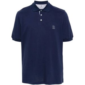 Brunello Cucinelli, Navy Blue Logo Print T-shirts en Polos Blauw, Heren, Maat:2XL