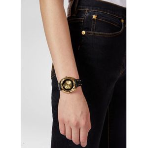 Versace, Accessoires, Dames, Geel, ONE Size, Zwart Lederen Gouden Roestvrijstalen Horloge