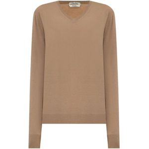 Max Mara Studio, Truien, Dames, Beige, L, Wol, Kameelwol Trui Geribbelde Details Lange Mouw