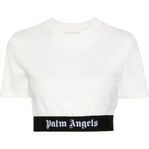 Palm Angels, Tops, Dames, Wit, XS, Katoen, Logo Band Crop T-shirt Wit