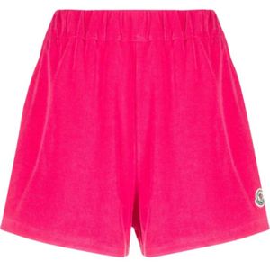 Moncler, Korte broeken, Dames, Roze, M, Katoen, Verpletterde Fluweel Roze Logo Patch Shorts