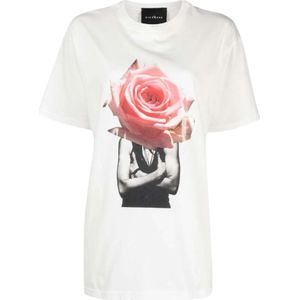 John Richmond, Tops, Dames, Wit, XS, Katoen, T-shirt met decoratieve rozenprint