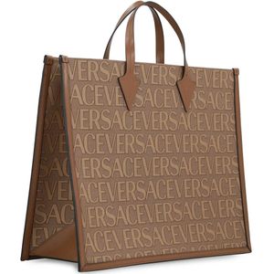 Versace, Tassen, Heren, Beige, ONE Size, Katoen, Canvas en leren boodschappentas