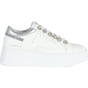 Emanuelle Vee, Schoenen, Dames, Wit, 38 EU, Leer, Leren Sneakers met Strass en Glitter