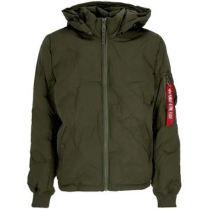 Alpha Industries, Capuchon Logo Puffer Jas Donker Olijf Groen, Heren, Maat:L