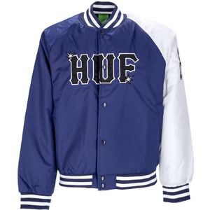 Huf, Jassen, Heren, Blauw, XL, Satijn, Gewatteerde Satijnen Baseballjas in Marineblauw