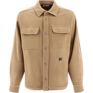 Palm Angels, Jassen, Heren, Beige, M, Wol, Monogram Zakken Wol Overshirt Jas