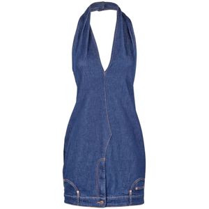 Moschino, Denim Korte Jurk met V-Hals en Open Rug Blauw, Dames, Maat:S