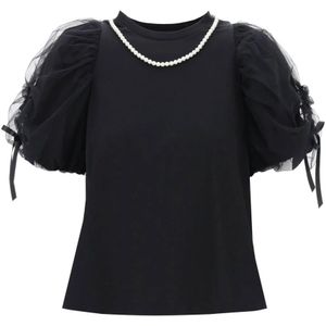 Simone Rocha, T-shirt met pofmouwen en satijnen strikjes Zwart, Dames, Maat:M
