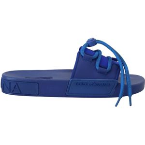 Dolce & Gabbana, Schoenen, Heren, Blauw, 40 EU, Katoen, Blauwe Logo Slides Sandalen