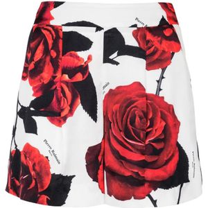 Balmain, Korte broeken, Dames, Veelkleurig, 2Xs, Satijn, Satijnen shorts met rood rozenprint