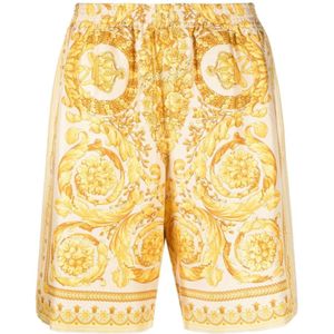 Versace, Korte broeken, Heren, Geel, L, Gouden Barocco Print Zijden Shorts