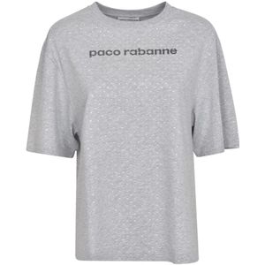 Paco Rabanne, Tops, Dames, Grijs, S, Katoen, Logo-Print Rhinestone T-Shirt - Grijs