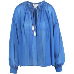 Ottod'Ame, Blouses & Shirts, Dames, Blauw, S, Katoen, Katoenen en zijden blouse met verstelbare kraag en kwastjes