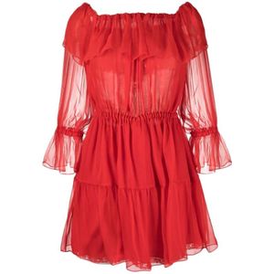 Gucci, Kleedjes, Dames, Rood, S, Chiffon, Rode Off-Shoulder Zijden Jurk