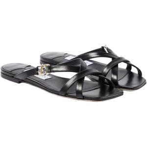 Jimmy Choo, Schoenen, Dames, Zwart, 39 1/2 EU, Leer, Platte sandalen voor vrouwen