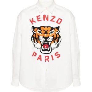 Kenzo, Witte Katoenen Overhemd met Tijger Motief Wit, Heren, Maat:3XL