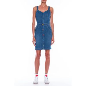 Love Moschino, Mouwloze Denim Jurk met Gekleurde Knopen Blauw, Dames, Maat:M