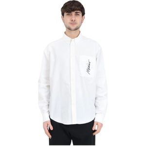 Moschino, Overhemden, Heren, Wit, L, Katoen, Witte Shirt met Verticaal Zwart Logo