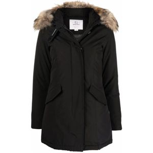 Woolrich, Zwarte parka met bontkraag Zwart, Dames, Maat:L