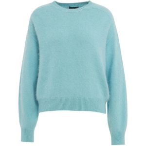 Roberto Collina, Truien, Dames, Blauw, S, Angora Ribbed Crew Neck Pullover Oversize