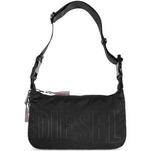 Diesel, Tassen, Dames, Zwart, ONE Size, Zwarte Ruitpatroon Logoprint Tas