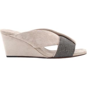 Brunello Cucinelli, Suede Sandalen met Monili Detail Beige, Dames, Maat:37 EU