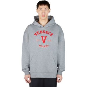 Versace, Sweatshirts & Hoodies, Heren, Grijs, L, Katoen, Varsity Logo Patch Hoodie