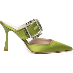 Giuliano Galiano, Schoenen, Dames, Groen, 38 EU, Satijn, Groene Satijnen Puntige Sandalen met Decoratieve Gesp