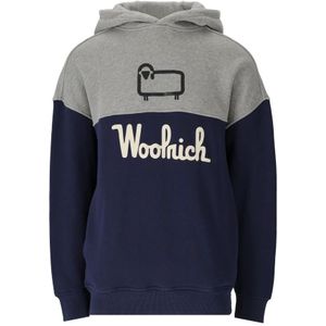 Woolrich, Sweatshirts & Hoodies, Heren, Blauw, S, Katoen, Kleur Blok Blauw Grijs Hoodie