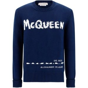 Alexander McQueen, Truien, Heren, Blauw, S, Katoen, Blauwe Logo Trui voor Heren