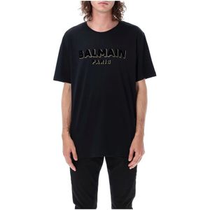 Balmain, Tops, Heren, Zwart, M, Katoen, Zwart & Goud Logo T-Shirt