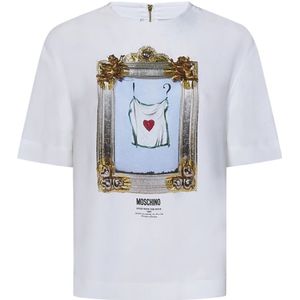 Moschino, Witte T-shirt met Grafische Print en Gouden Rits Wit, Dames, Maat:S