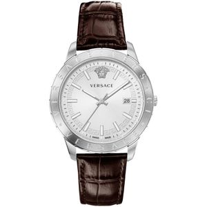 Versace, Accessoires, Heren, Grijs, ONE Size, Elegant Swiss Made Leather Strap Watch