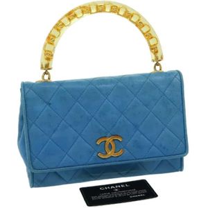 Chanel Vintage, Pre-owned, Dames, Blauw, ONE Size, Tweed, Tweedehands Blauwe Canvas Chanel Tas