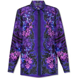Versace, Blouses & Shirts, Dames, Paars, S, Zijden bedrukte blouse met Orchidea Barocco-print