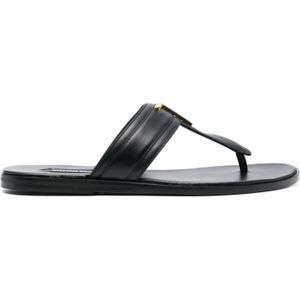 Tom Ford, Zwarte Leren Logo-Plaque Platte Sandalen Zwart, Heren, Maat:40 EU