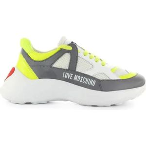 Love Moschino, Schoenen, Dames, Wit, 37 EU, Witte Sneakers met Fluorescerende Gele Inzetstukken