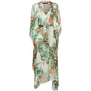 Roberto Cavalli, Zijden Jurk met Botanische Print Groen, Dames, Maat:S