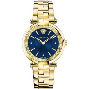 Versace, Accessoires, Dames, Geel, ONE Size, Analoge Roestvrij Staal Gouden Horloge Blauw