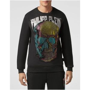 Philipp Plein, Sweatshirts & Hoodies, Heren, Zwart, L, Katoen, LS Skull Zwart Sweatshirt met Handtekeningontwerp