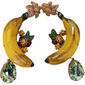 Dolce & Gabbana, Accessoires, Dames, Geel, ONE Size, Gouden Kristallen Bananen Clip-on Hangende Oorbellen