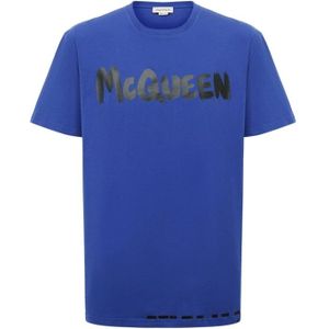 Alexander McQueen, Tops, Heren, Blauw, L, Katoen, Blauw Katoenen T-Shirt met Logo Print