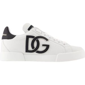 Dolce & Gabbana, Schoenen, Dames, Wit, 36 EU, Leer, Logo-Print Sneakers - Leer - Zwart/Wit
