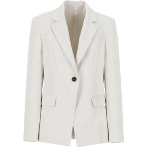 Brunello Cucinelli, Jassen, Dames, Grijs, XS, Katoen, Grijze Katoen en Linnen Blend Blazer met Peak Reverskraag