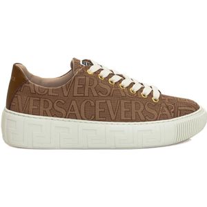 Versace, Schoenen, Dames, Beige, 38 EU, Bruine Lage Vetersneakers met Logodesign